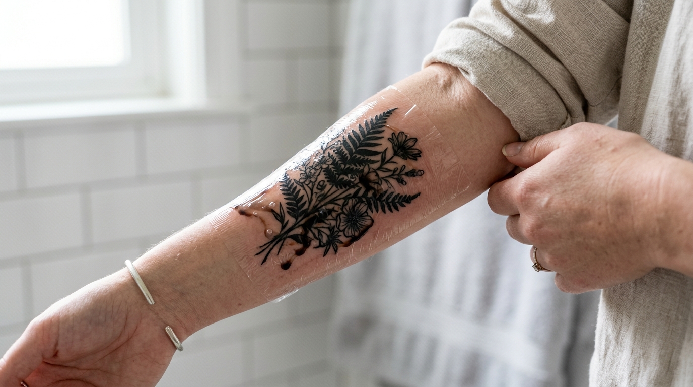 Fresh forearm tattoo sealed with transparent breathable Saniderm second-skin barrier