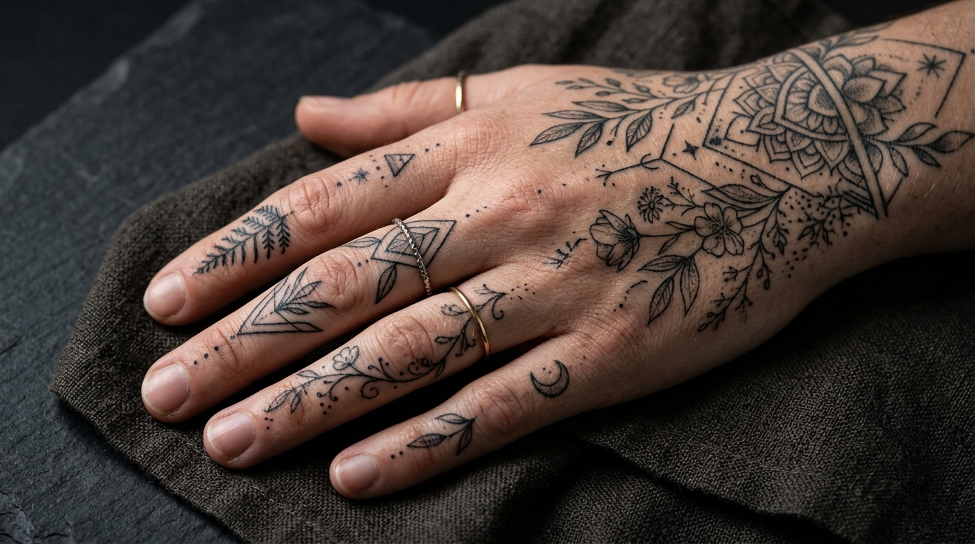 Intricate fine-line and geometric black ink tattoos on fingers and knuckles