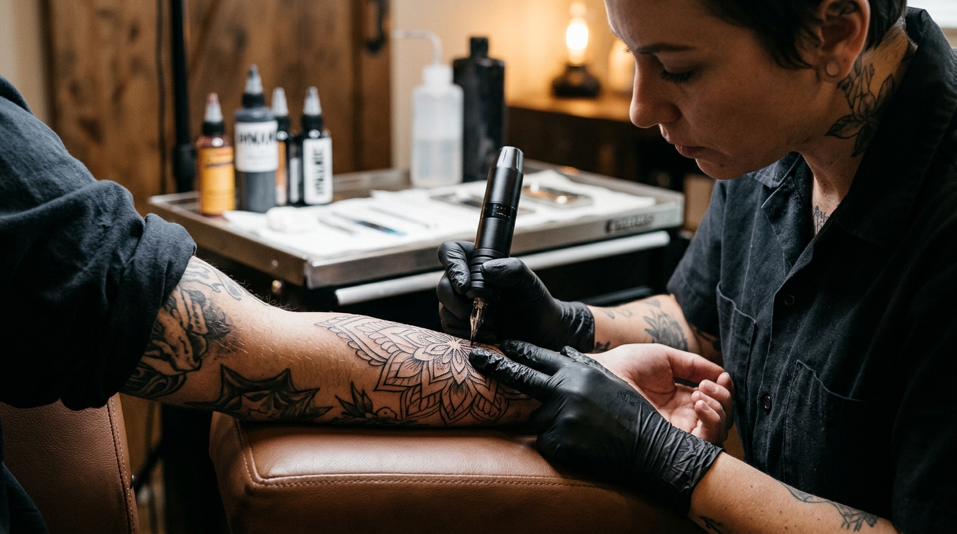 Professional tattoo artist in black gloves applying precise rotary linework to a forearm tattoo in a modern studio