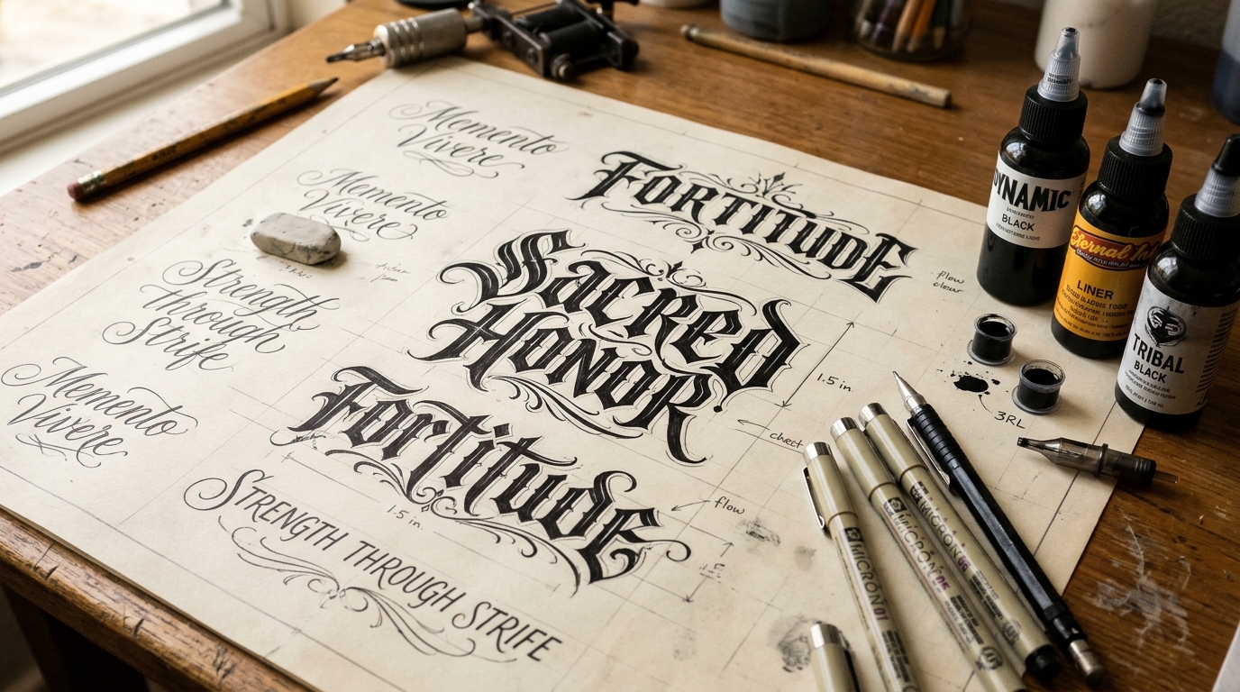 Custom tattoo lettering sketch with gothic blackletter and script typography