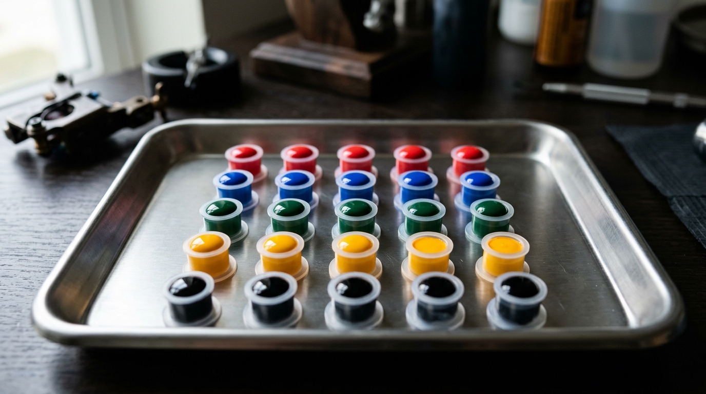 Vibrant tattoo ink pigment caps in crimson, cobalt, emerald, and yellow on metal tray