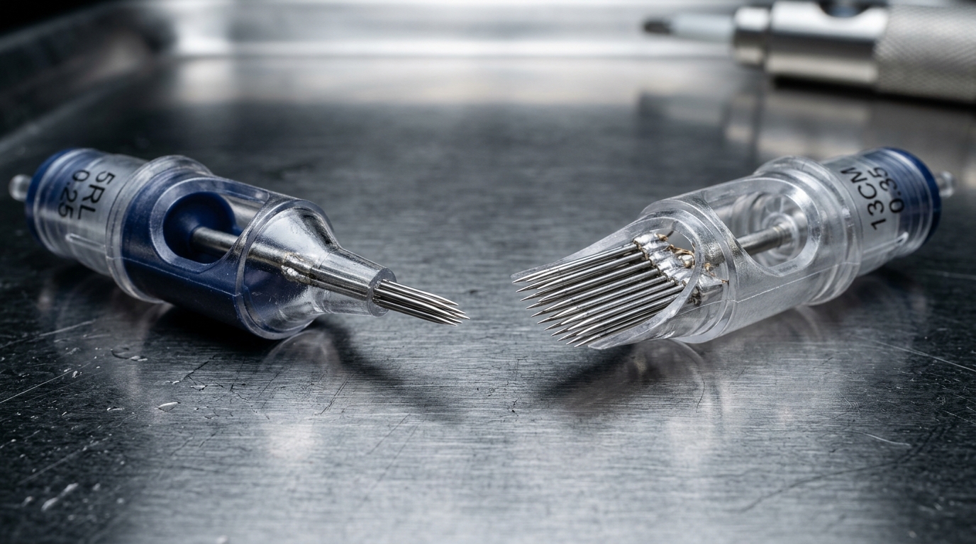Macro view of tattoo needle cartridges showing 5RL round liner and curved magnum shader