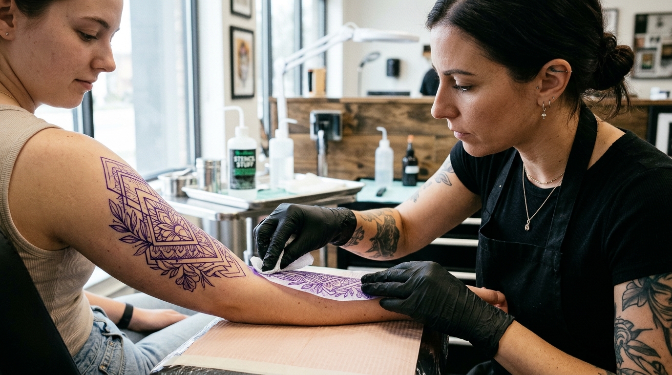 Tattoo artist carefully aligning purple carbon stencil transfer on client arm